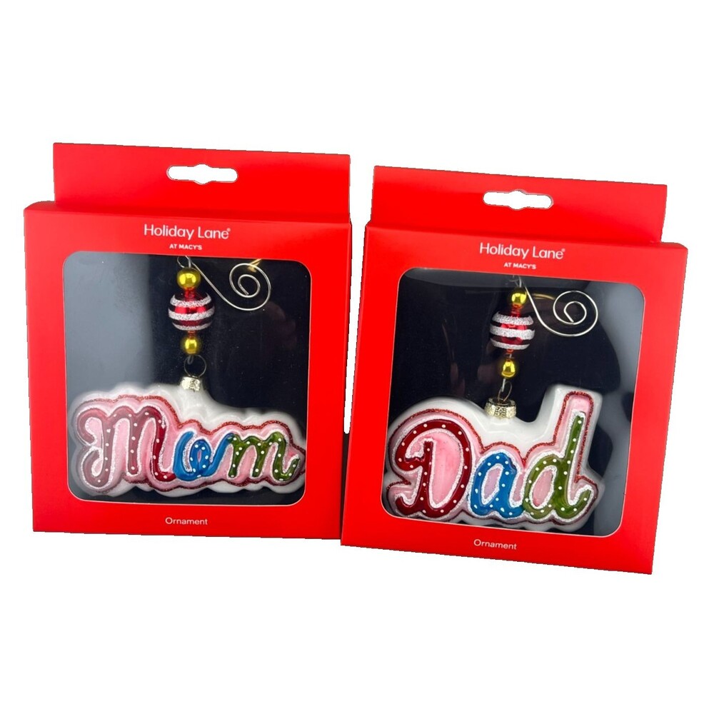NIB Macy's Holiday Lane MOM DAD Glass Christmas Ornaments 2pc Set Whimsical Gift